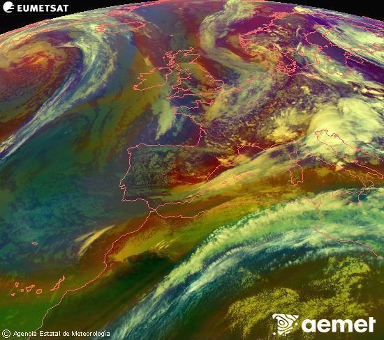 Composici� RGB en la qual es barregen diversos canals del sat�l�lit Meteosat operacional en 0�N 0�W, que ens d�na una idea de les caracter�stiques de les masses d'aire i de la nuvolositat.&nbsp;divendres, 15 de maig  2026 18:00