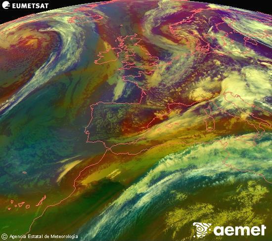Composici� RGB en la qual es barregen diversos canals del sat�l�lit Meteosat operacional en 0�N 0�W, que ens d�na una idea de les caracter�stiques de les masses d'aire i de la nuvolositat.&nbsp;divendres, 15 de maig  2026 19:00