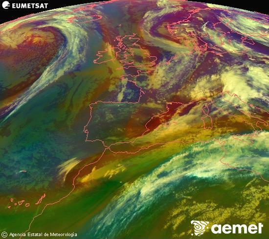 Composici� RGB en la qual es barregen diversos canals del sat�l�lit Meteosat operacional en 0�N 0�W, que ens d�na una idea de les caracter�stiques de les masses d'aire i de la nuvolositat.&nbsp;divendres, 15 de maig  2026 21:00