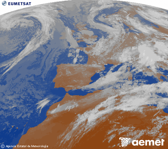 Imagen de la zona de Europa y Norte de �frica del canal infrarrojo del sat�lite Meteosat operacional en 0�N 0�W, procesada para darle color.&nbsp;divendres, 15 de maig  2026 21:00