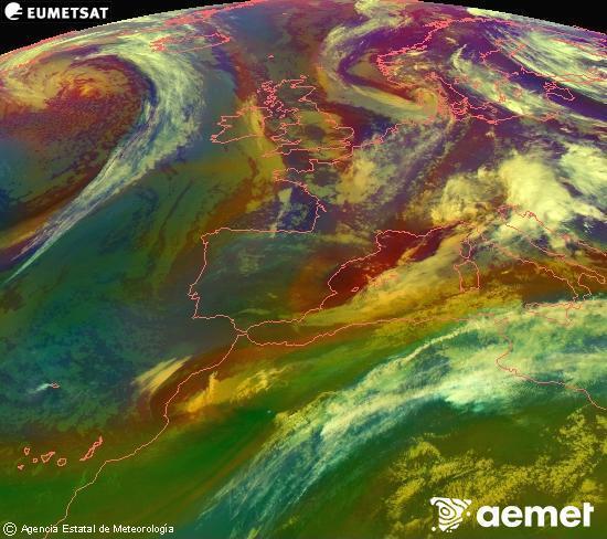 Composici� RGB en la qual es barregen diversos canals del sat�l�lit Meteosat operacional en 0�N 0�W, que ens d�na una idea de les caracter�stiques de les masses d'aire i de la nuvolositat.&nbsp;divendres, 15 de maig  2026 22:00