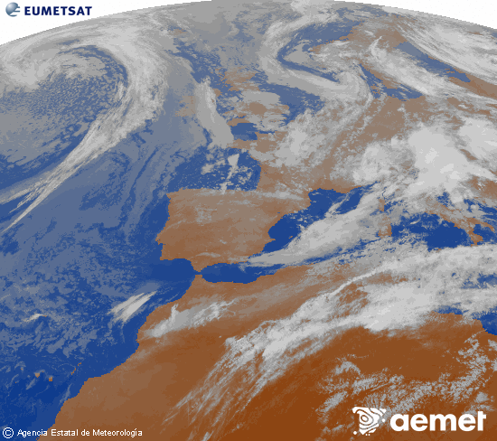 Imagen de la zona de Europa y Norte de �frica del canal infrarrojo del sat�lite Meteosat operacional en 0�N 0�W, procesada para darle color.&nbsp;divendres, 15 de maig  2026 22:00
