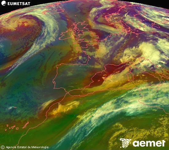 Composici� RGB en la qual es barregen diversos canals del sat�l�lit Meteosat operacional en 0�N 0�W, que ens d�na una idea de les caracter�stiques de les masses d'aire i de la nuvolositat.&nbsp;divendres, 15 de maig  2026 23:00