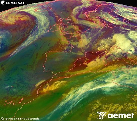 Composici� RGB en la qual es barregen diversos canals del sat�l�lit Meteosat operacional en 0�N 0�W, que ens d�na una idea de les caracter�stiques de les masses d'aire i de la nuvolositat.&nbsp;dissabte, 16 de maig  2026 00:00