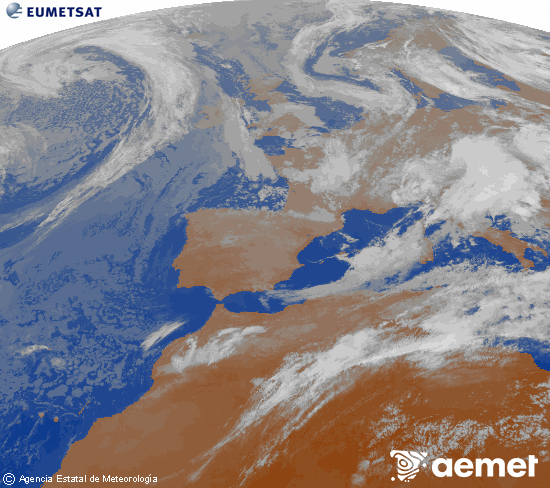 Imagen de la zona de Europa y Norte de �frica del canal infrarrojo del sat�lite Meteosat operacional en 0�N 0�W, procesada para darle color.&nbsp;dissabte, 16 de maig  2026 00:00