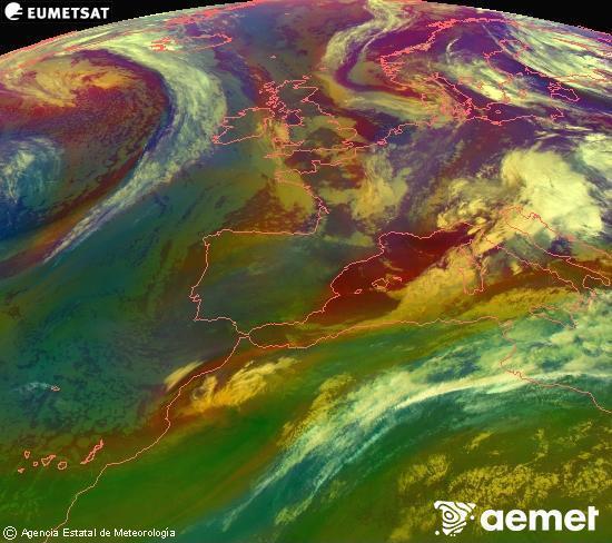 Composici� RGB en la qual es barregen diversos canals del sat�l�lit Meteosat operacional en 0�N 0�W, que ens d�na una idea de les caracter�stiques de les masses d'aire i de la nuvolositat.&nbsp;dissabte, 16 de maig  2026 01:00