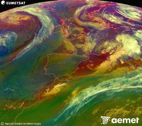 Composici� RGB en la qual es barregen diversos canals del sat�l�lit Meteosat operacional en 0�N 0�W, que ens d�na una idea de les caracter�stiques de les masses d'aire i de la nuvolositat.&nbsp;dissabte, 16 de maig  2026 02:00