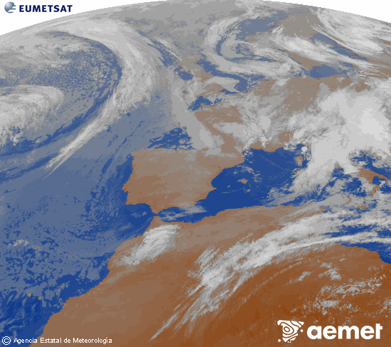 Imatge de la zona d'Europa i Nord d'�frica del canal infraroig del sat�l�lit Meteosat operacional en 0�N 0�W, processada per a donar-li color.&nbsp;dissabte, 16 de maig  2026 04:00