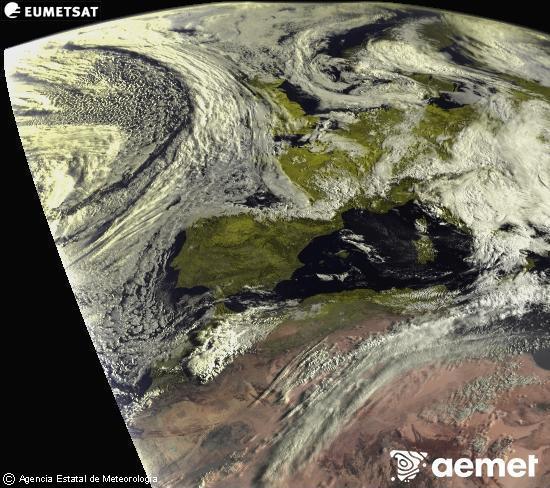 Esta imagen se genera utilizando informaci�n de los canales visibles del sat�lite METEOSAT perteneciente a la segunda generaci�n de sat�lites Meteosat (MSG). Por ese motivo, s�lo hay informaci�n en la zona iluminada por el sol. Adem�s, los canales han sido normalizados para que el brillo no dependa de la posici�n del sol.&nbsp;dissabte, 16 de maig  2026 08:00