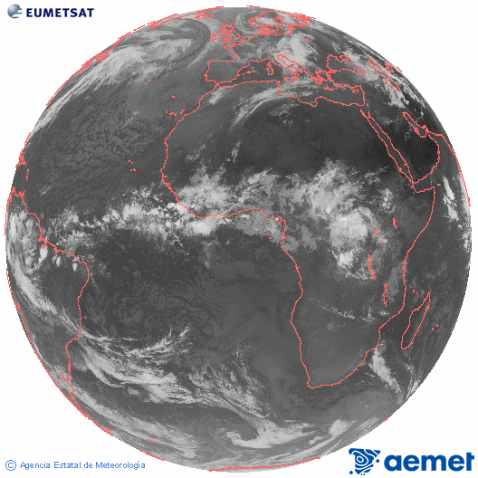 Imagen global del canal infrarrojo (10.8 &mu;m) del sat�lite Meteosat, perteneciente a la serie MSG (Meteosat Segunda Generaci�n) y situado en 0�N 0�E.&nbsp;larunbata, 2026ko maiatzak 16, ordua: 08:00