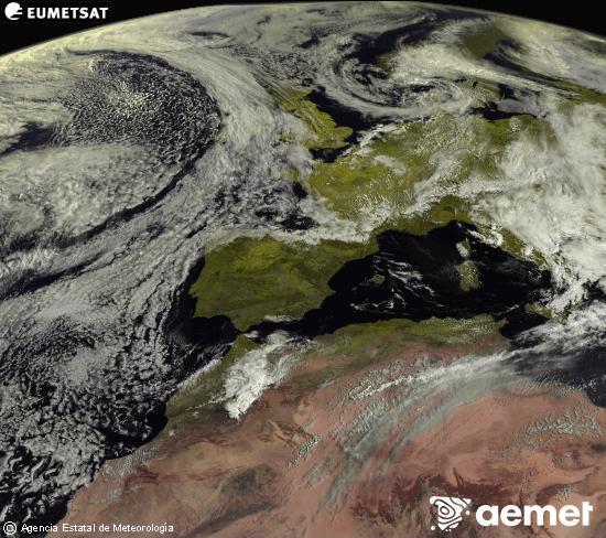 Esta imagen se genera utilizando informaci�n de los canales visibles del sat�lite METEOSAT perteneciente a la segunda generaci�n de sat�lites Meteosat (MSG). Por ese motivo, s�lo hay informaci�n en la zona iluminada por el sol. Adem�s, los canales han sido normalizados para que el brillo no dependa de la posici�n del sol.&nbsp;dissabte, 16 de maig  2026 10:00