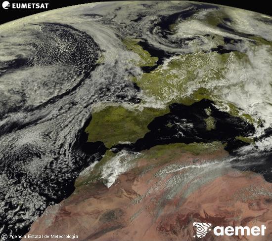 Esta imagen se genera utilizando informaci�n de los canales visibles del sat�lite METEOSAT perteneciente a la segunda generaci�n de sat�lites Meteosat (MSG). Por ese motivo, s�lo hay informaci�n en la zona iluminada por el sol. Adem�s, los canales han sido normalizados para que el brillo no dependa de la posici�n del sol.&nbsp;dissabte, 16 de maig  2026 11:00
