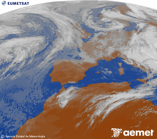 Imagen de la zona de Europa y Norte de �frica del canal infrarrojo del sat�lite Meteosat operacional en 0�N 0�W, procesada para darle color.&nbsp;samedi, 16 mai  2026 11:00