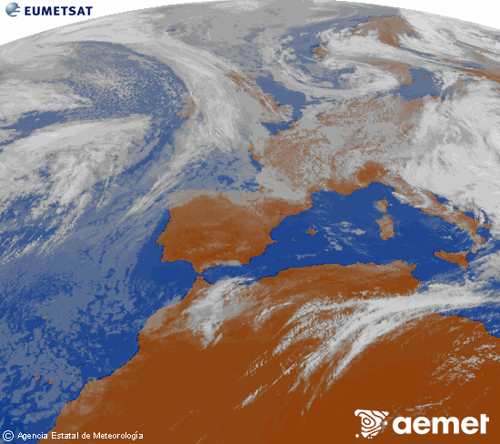 Imagen de la zona de Europa y Norte de �frica del canal infrarrojo del sat�lite Meteosat operacional en 0�N 0�W, procesada para darle color.&nbsp;samedi, 16 mai  2026 12:00