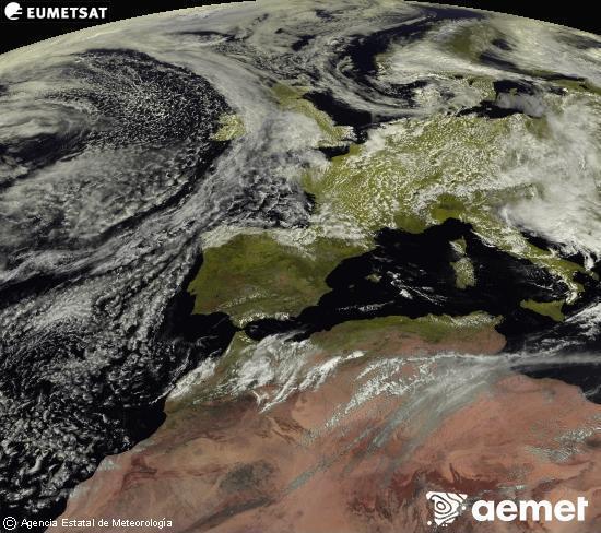 Esta imagen se genera utilizando informaci�n de los canales visibles del sat�lite METEOSAT perteneciente a la segunda generaci�n de sat�lites Meteosat (MSG). Por ese motivo, s�lo hay informaci�n en la zona iluminada por el sol. Adem�s, los canales han sido normalizados para que el brillo no dependa de la posici�n del sol.&nbsp;samedi, 16 mai  2026 13:00