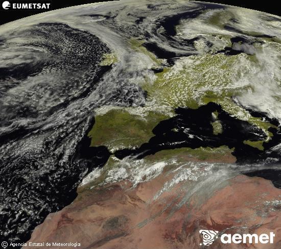 Esta imagen se genera utilizando informaci�n de los canales visibles del sat�lite METEOSAT perteneciente a la segunda generaci�n de sat�lites Meteosat (MSG). Por ese motivo, s�lo hay informaci�n en la zona iluminada por el sol. Adem�s, los canales han sido normalizados para que el brillo no dependa de la posici�n del sol.&nbsp;samedi, 16 mai  2026 14:00