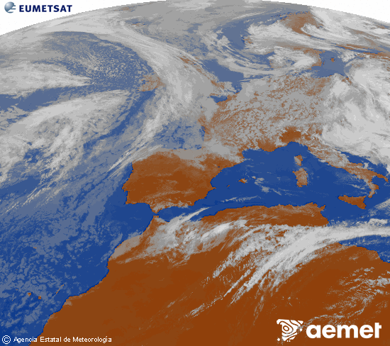 Imagen de la zona de Europa y Norte de �frica del canal infrarrojo del sat�lite Meteosat operacional en 0�N 0�W, procesada para darle color.&nbsp;Saturday, 16 May  2026 14:00
