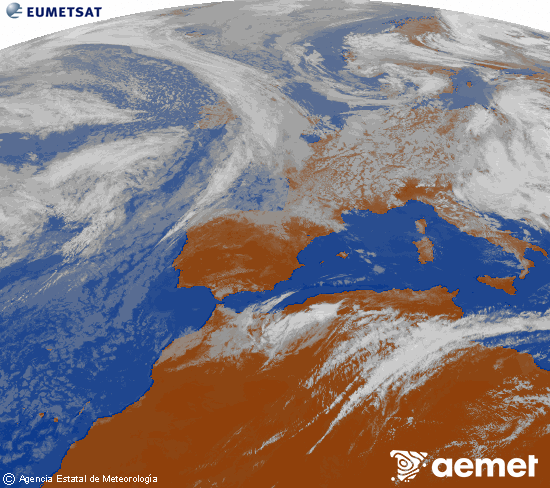 Imagen de la zona de Europa y Norte de �frica del canal infrarrojo del sat�lite Meteosat operacional en 0�N 0�W, procesada para darle color.&nbsp;samedi, 16 mai  2026 15:00