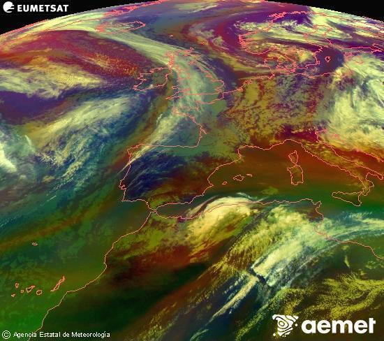 Composition RGB dans laquelle se m�langent diff�rents canaux du satellite Meteosat operational in 0�N 0�W, l'informaci�n des caract�ristiques sur les masses d'air et les nuages.&nbsp;samedi, 16 mai  2026 17:00