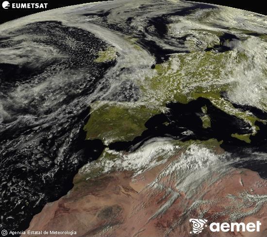 Esta imagen se genera utilizando informaci�n de los canales visibles del sat�lite METEOSAT perteneciente a la segunda generaci�n de sat�lites Meteosat (MSG). Por ese motivo, s�lo hay informaci�n en la zona iluminada por el sol. Adem�s, los canales han sido normalizados para que el brillo no dependa de la posici�n del sol.&nbsp;larunbata, 2026ko maiatzak 16, ordua: 17:00