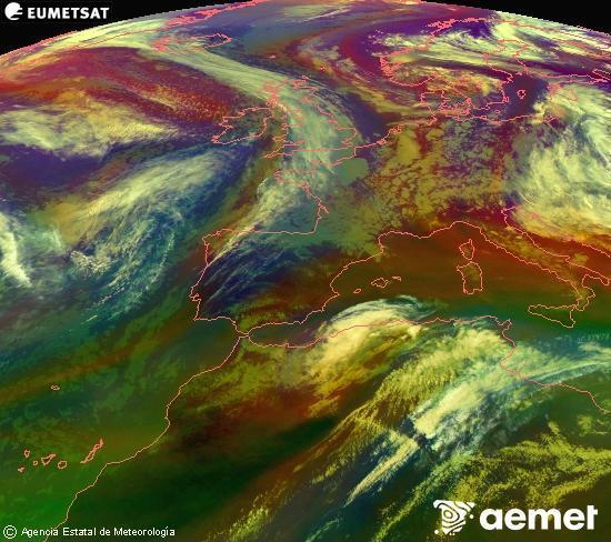 Composition RGB dans laquelle se m�langent diff�rents canaux du satellite Meteosat operational in 0�N 0�W, l'informaci�n des caract�ristiques sur les masses d'air et les nuages.&nbsp;samedi, 16 mai  2026 18:00