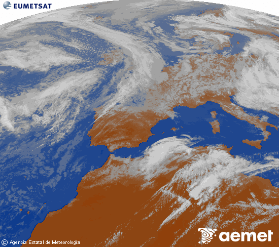 Imatge de la zona d'Europa i Nord d'�frica del canal infraroig del sat�l�lit Meteosat operacional en 0�N 0�W, processada per a donar-li color.&nbsp;dissabte, 16 de maig  2026 18:00