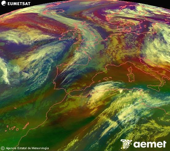 Composition RGB dans laquelle se m�langent diff�rents canaux du satellite Meteosat operational in 0�N 0�W, l'informaci�n des caract�ristiques sur les masses d'air et les nuages.&nbsp;samedi, 16 mai  2026 19:00