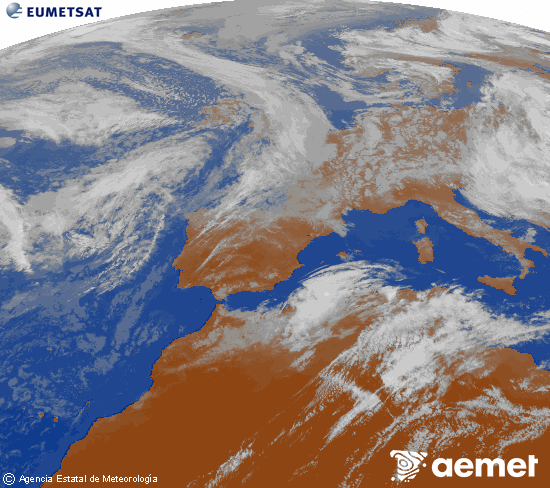 Imatge de la zona d'Europa i Nord d'�frica del canal infraroig del sat�l�lit Meteosat operacional en 0�N 0�W, processada per a donar-li color.&nbsp;dissabte, 16 de maig  2026 19:00