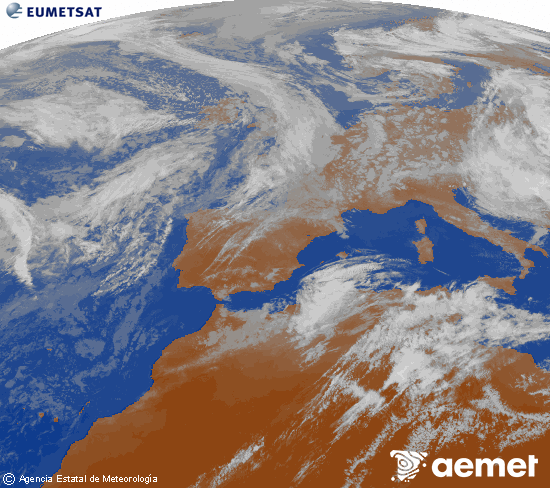 Imatge de la zona d'Europa i Nord d'�frica del canal infraroig del sat�l�lit Meteosat operacional en 0�N 0�W, processada per a donar-li color.&nbsp;dissabte, 16 de maig  2026 20:00