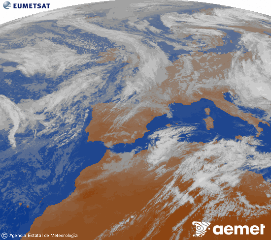 Imatge de la zona d'Europa i Nord d'�frica del canal infraroig del sat�l�lit Meteosat operacional en 0�N 0�W, processada per a donar-li color.&nbsp;dissabte, 16 de maig  2026 21:00