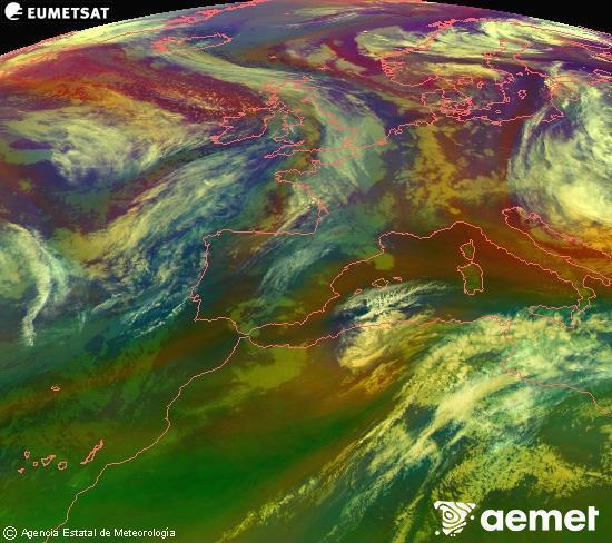 Composition RGB dans laquelle se m�langent diff�rents canaux du satellite Meteosat operational in 0�N 0�W, l'informaci�n des caract�ristiques sur les masses d'air et les nuages.&nbsp;samedi, 16 mai  2026 22:00
