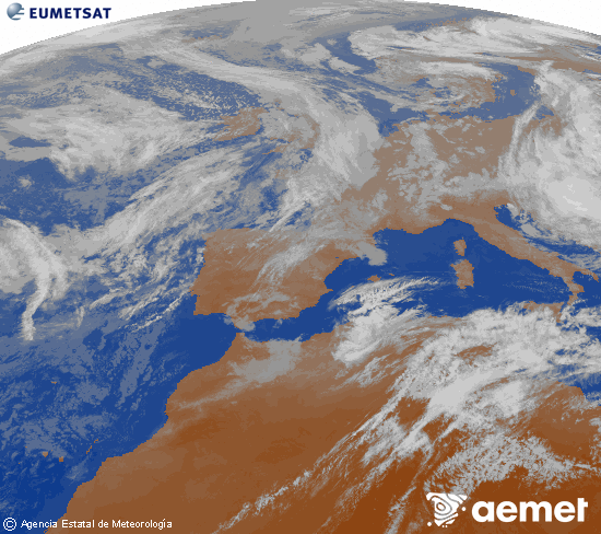 Imagen de la zona de Europa y Norte de �frica del canal infrarrojo del sat�lite Meteosat operacional en 0�N 0�W, procesada para darle color.&nbsp;samedi, 16 mai  2026 22:00