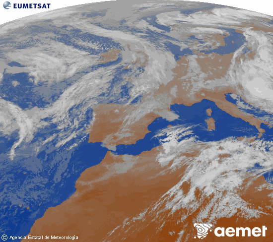 Imagen de la zona de Europa y Norte de �frica del canal infrarrojo del sat�lite Meteosat operacional en 0�N 0�W, procesada para darle color.&nbsp;Saturday, 16 May  2026 23:00