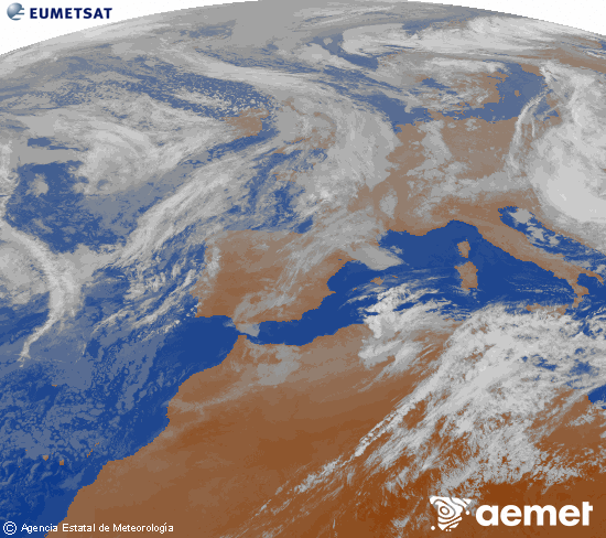 Imatge de la zona d'Europa i Nord d'�frica del canal infraroig del sat�l�lit Meteosat operacional en 0�N 0�W, processada per a donar-li color.&nbsp;diumenge, 17 de maig  2026 00:00