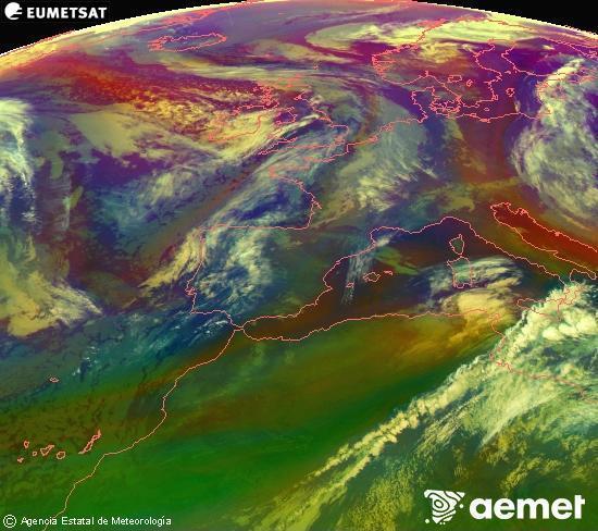 Composition RGB dans laquelle se m�langent diff�rents canaux du satellite Meteosat operational in 0�N 0�W, l'informaci�n des caract�ristiques sur les masses d'air et les nuages.&nbsp;dimanche, 17 mai  2026 06:00