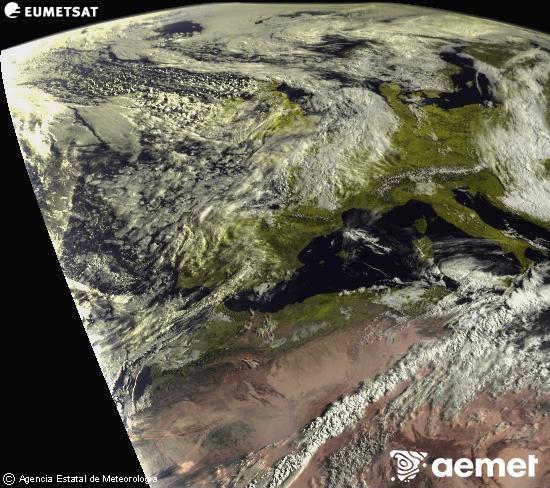 Esta imaxe x�rase utilizando informaci�n das canles visibles do sat�lite METEOSAT pertencente � segunda xeraci�n de sat�lites  Meteosat (MSX). Por ese motivo, s� hai informaci�n na zona iluminada polo sol. Ademais, as canles foron normalizadas para que o brillo non dependa da posici�n do sol.&nbsp;domingo, 17 maio  2026 08:00