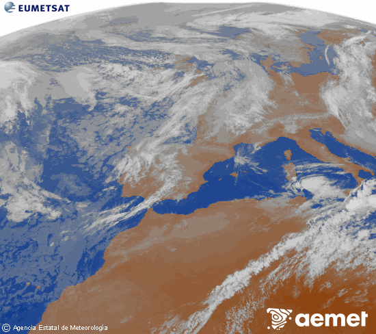 Imagen de la zona de Europa y Norte de �frica del canal infrarrojo del sat�lite Meteosat operacional en 0�N 0�W, procesada para darle color.&nbsp;dimanche, 17 mai  2026 08:00