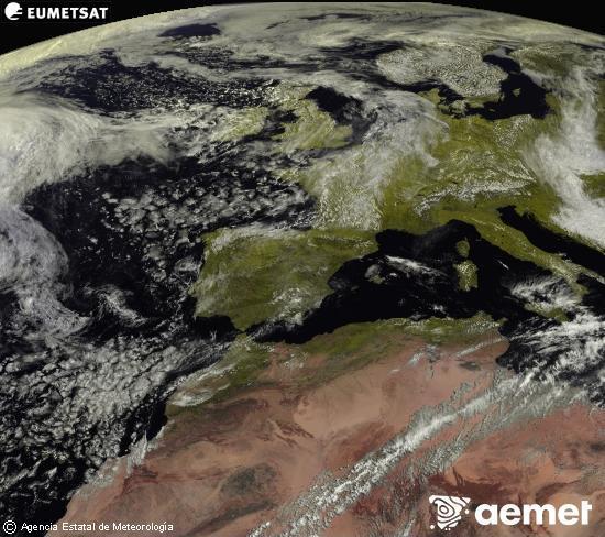 Esta imaxe x�rase utilizando informaci�n das canles visibles do sat�lite METEOSAT pertencente � segunda xeraci�n de sat�lites  Meteosat (MSX). Por ese motivo, s� hai informaci�n na zona iluminada polo sol. Ademais, as canles foron normalizadas para que o brillo non dependa da posici�n do sol.&nbsp;domingo, 17 maio  2026 11:00