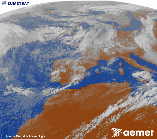 Imagen de la zona de Europa y Norte de �frica del canal infrarrojo del sat�lite Meteosat operacional en 0�N 0�W, procesada para darle color.&nbsp;dimanche, 17 mai  2026 11:00
