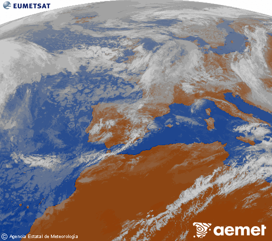Imagen de la zona de Europa y Norte de �frica del canal infrarrojo del sat�lite Meteosat operacional en 0�N 0�W, procesada para darle color.&nbsp;dimanche, 17 mai  2026 12:00
