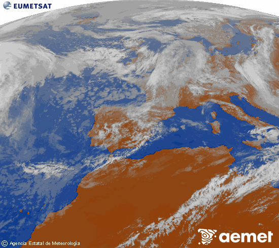 Imatge de la zona d'Europa i Nord d'�frica del canal infraroig del sat�l�lit Meteosat operacional en 0�N 0�W, processada per a donar-li color.&nbsp;diumenge, 17 de maig  2026 13:00