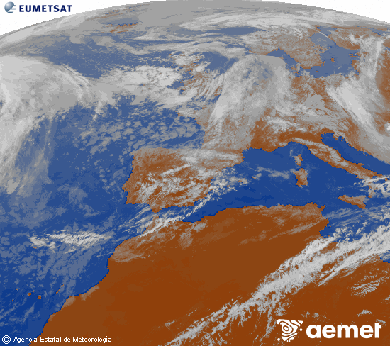 Imatge de la zona d'Europa i Nord d'�frica del canal infraroig del sat�l�lit Meteosat operacional en 0�N 0�W, processada per a donar-li color.&nbsp;diumenge, 17 de maig  2026 14:00