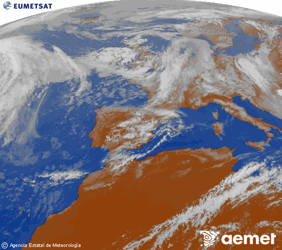 Imatge de la zona d'Europa i Nord d'�frica del canal infraroig del sat�l�lit Meteosat operacional en 0�N 0�W, processada per a donar-li color.&nbsp;diumenge, 17 de maig  2026 16:00