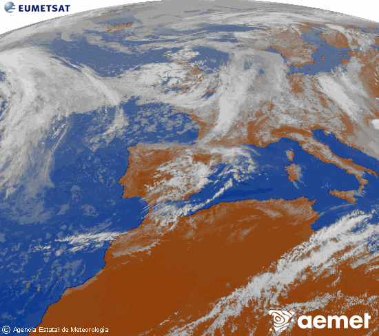 Imatge de la zona d'Europa i Nord d'�frica del canal infraroig del sat�l�lit Meteosat operacional en 0�N 0�W, processada per a donar-li color.&nbsp;diumenge, 17 de maig  2026 17:00