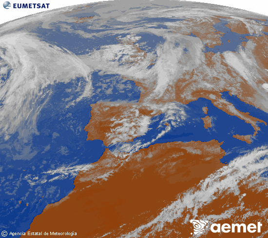Imatge de la zona d'Europa i Nord d'�frica del canal infraroig del sat�l�lit Meteosat operacional en 0�N 0�W, processada per a donar-li color.&nbsp;diumenge, 17 de maig  2026 18:00