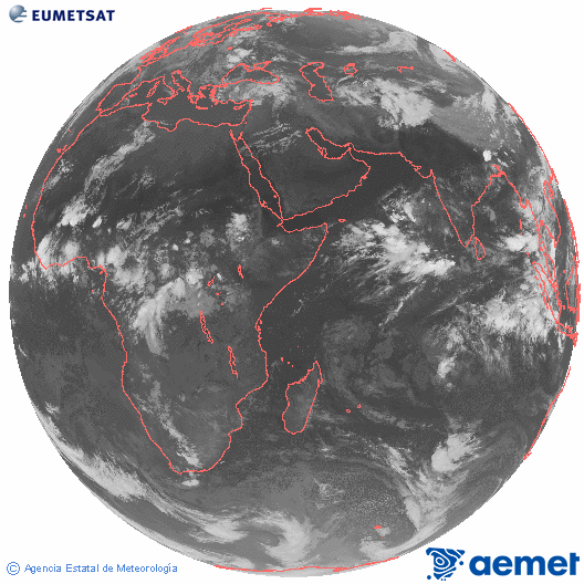 Oc�ano �ndico. Imagen global del canal infrarrojo (10.8&mu;m) de Meteosat, perteneciente a la serie MSG (Meteosat Segunda Generaci�n) y situado en 41.5° E.&nbsp;mi�rcoles, 20 mayo 2026 a las 23:00