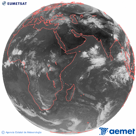 Oc�ano �ndico. Imagen global del canal infrarrojo (10.8&mu;m) de Meteosat, perteneciente a la serie MSG (Meteosat Segunda Generaci�n) y situado en 41.5° E.&nbsp;jueves, 21 mayo 2026 a las 08:00