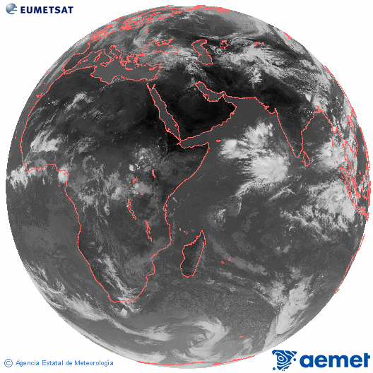 Oc�ano �ndico. Imagen global del canal infrarrojo (10.8&mu;m) de Meteosat, perteneciente a la serie MSG (Meteosat Segunda Generaci�n) y situado en 41.5° E.&nbsp;jueves, 21 mayo 2026 a las 11:00