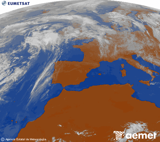 Imagen de la zona de Europa y Norte de �frica del canal infrarrojo del sat�lite Meteosat operacional en 0�N 0�W, procesada para darle color.&nbsp;jeudi, 21 mai  2026 12:00