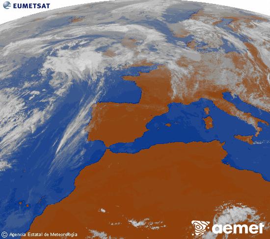 Imagen de la zona de Europa y Norte de �frica del canal infrarrojo del sat�lite Meteosat operacional en 0�N 0�W, procesada para darle color.&nbsp;jeudi, 21 mai  2026 13:00